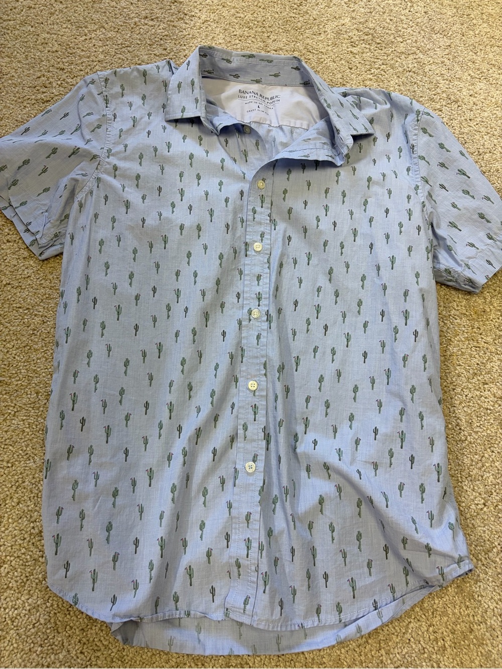 Banana Republic Light Blue Short Sleeve Button-Down with Green Cactus Print